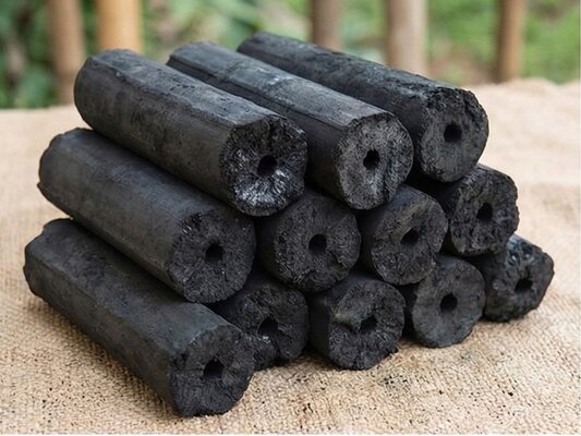 Bamboo biochar briquettes stacked for clean cooking fuel