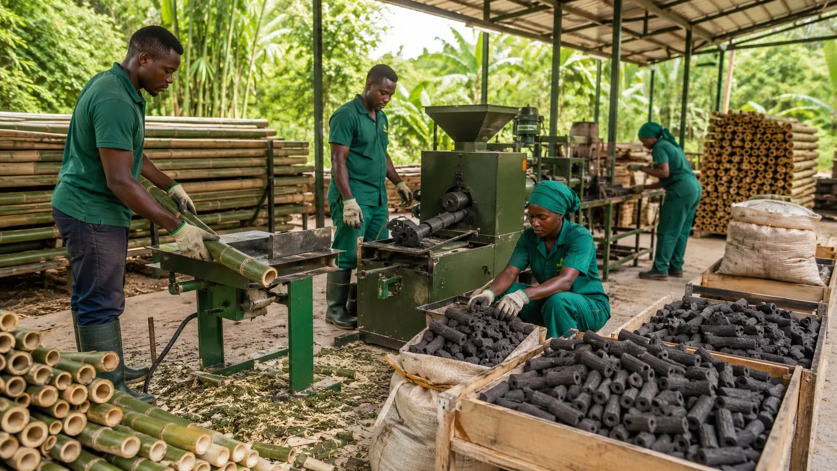 Bamboo processing facility converting bamboo to biochar briquettes