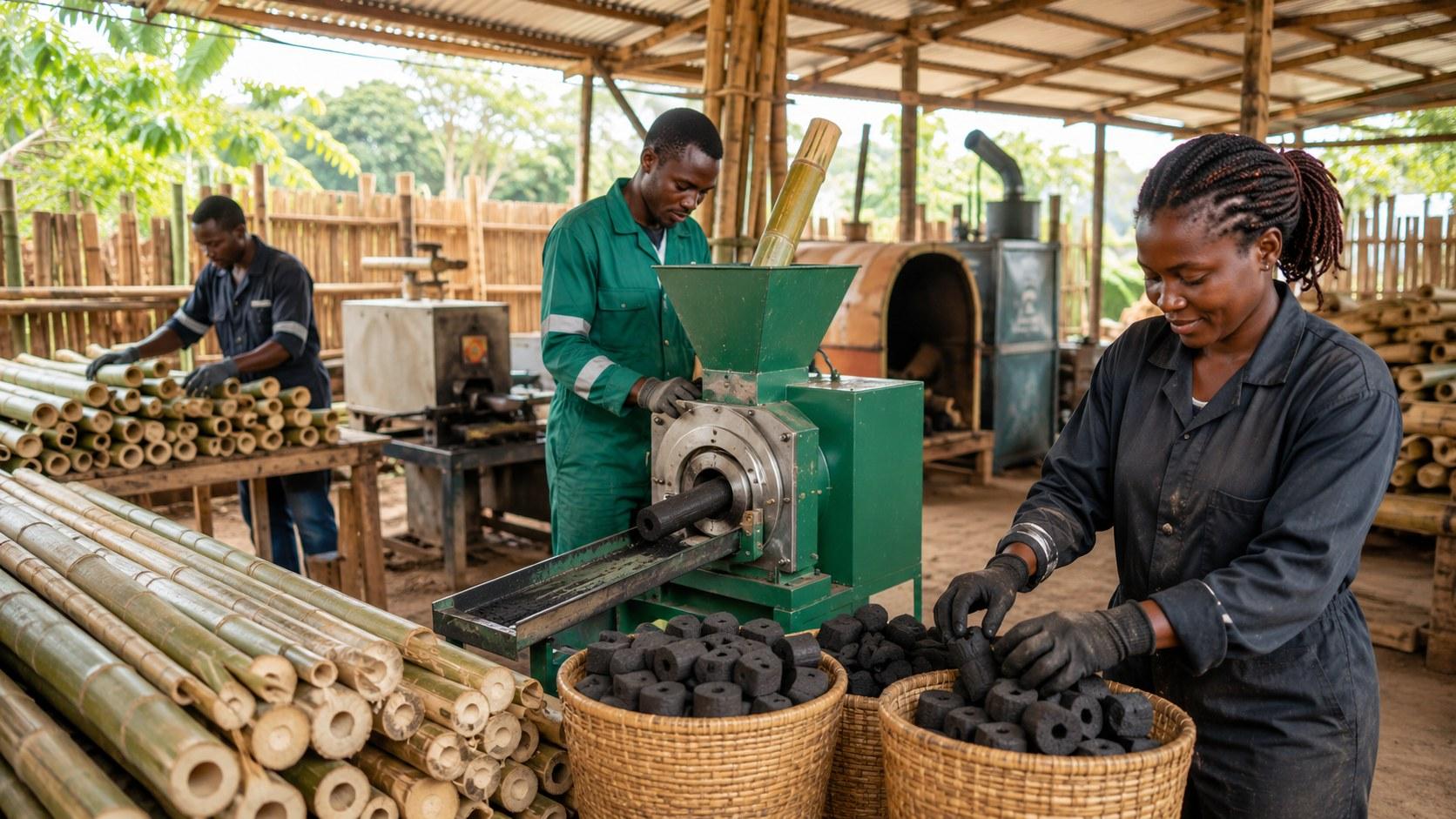 Bamboo biochar briquette production and packaging