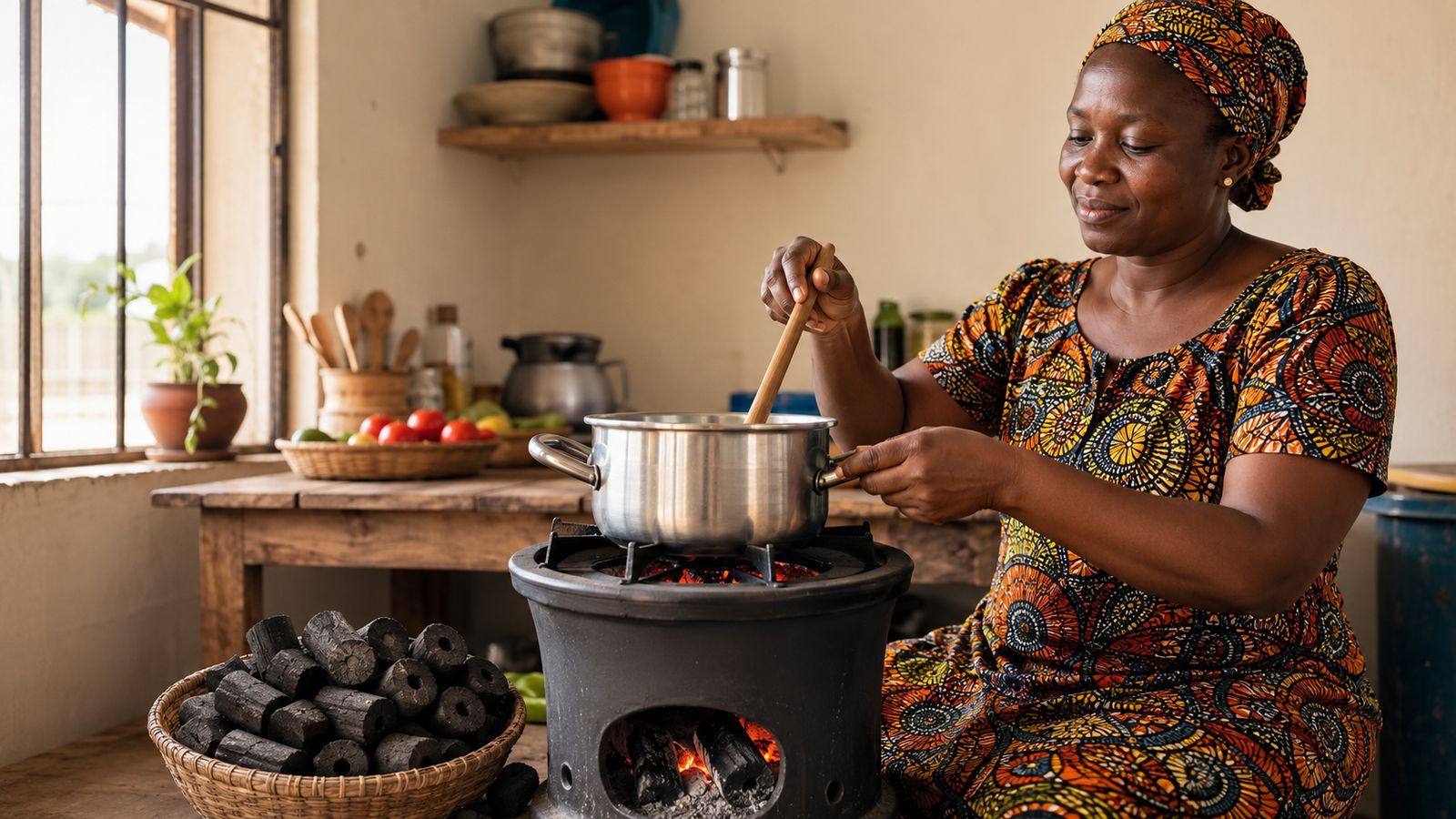 Woman cooking with dignity on a clean bamboo-briquette stove