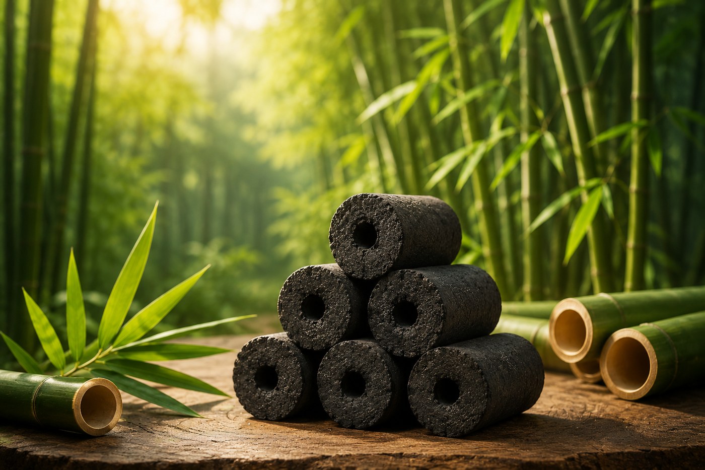 Bamboo biochar briquettes in a bamboo forest