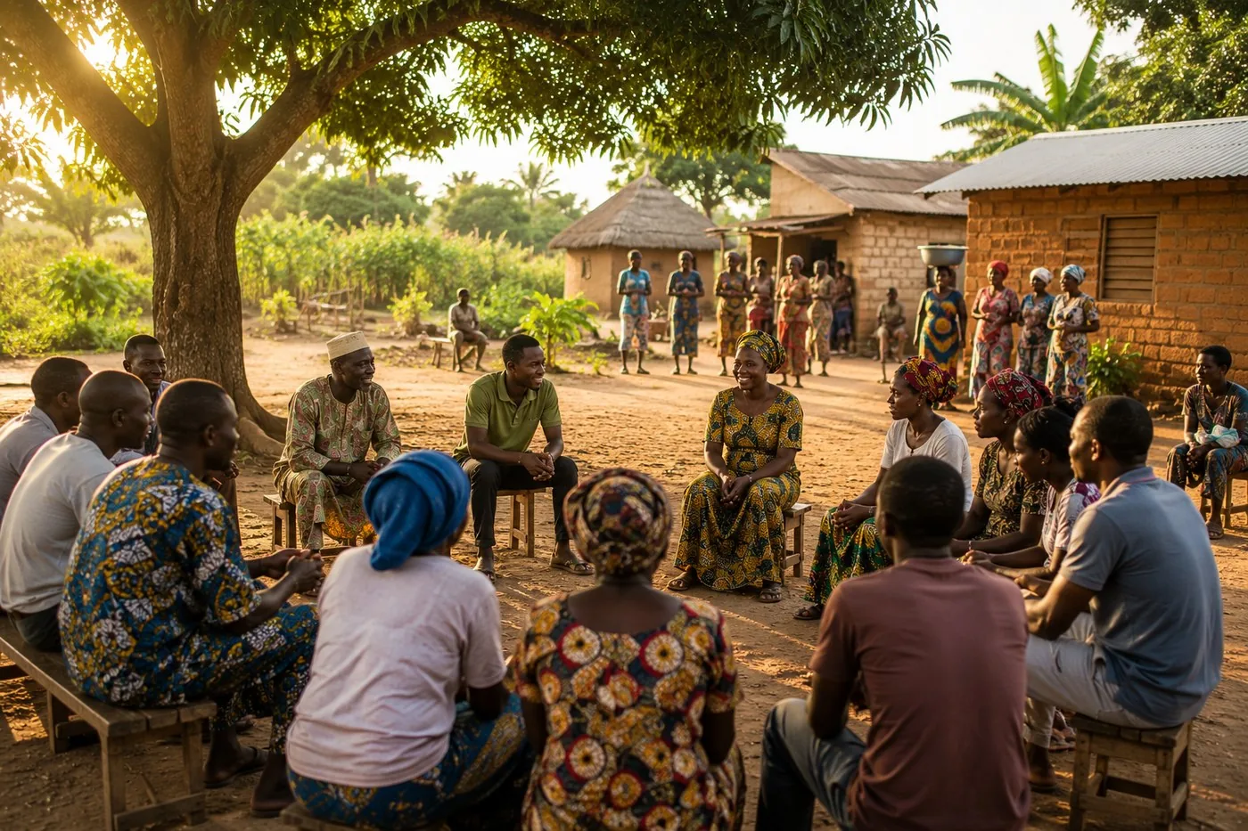 Community farmers training gathering under the shade tree in Benin