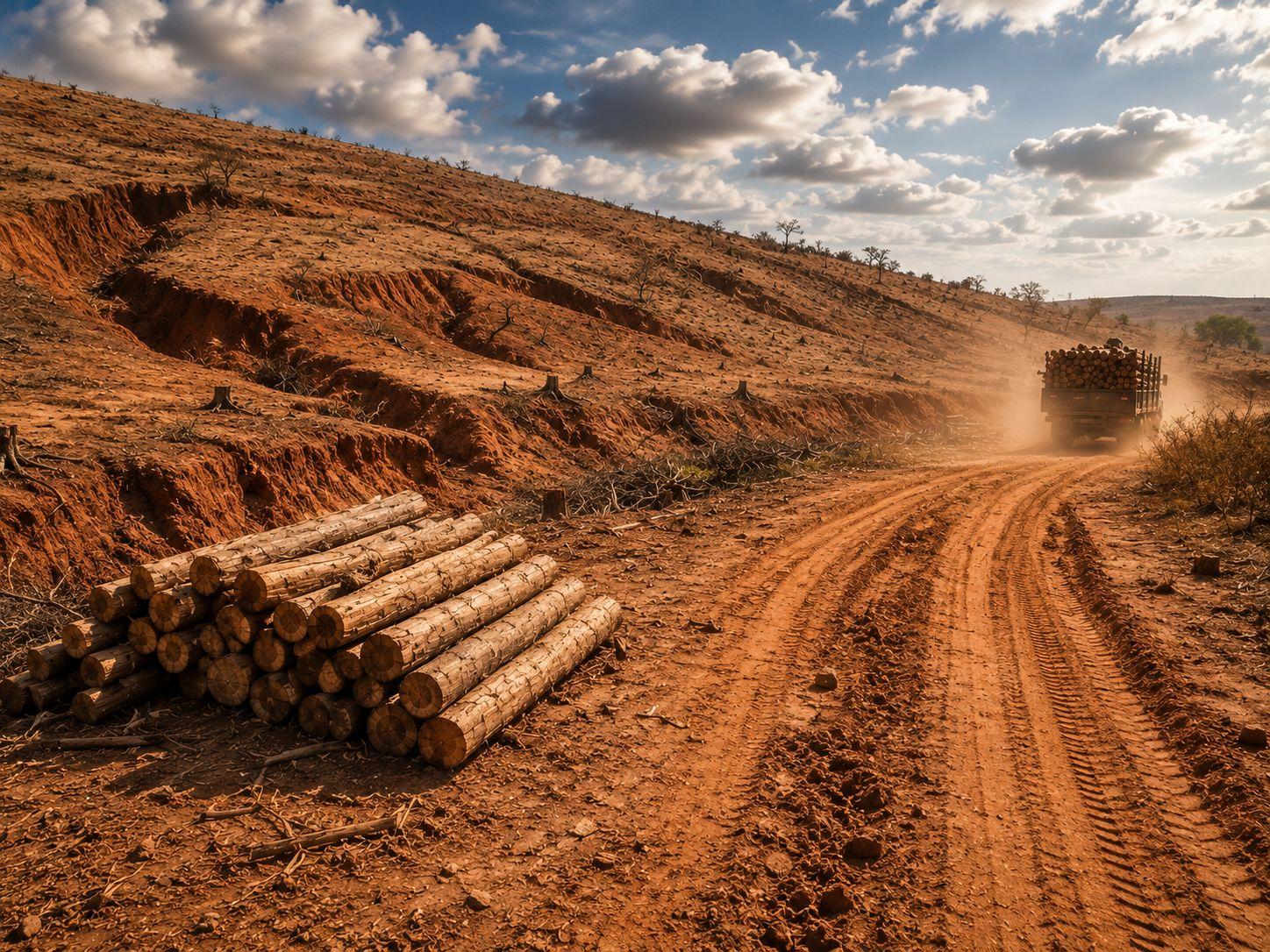 Forests are disappearing—logging truck leaving eroded, deforested hills