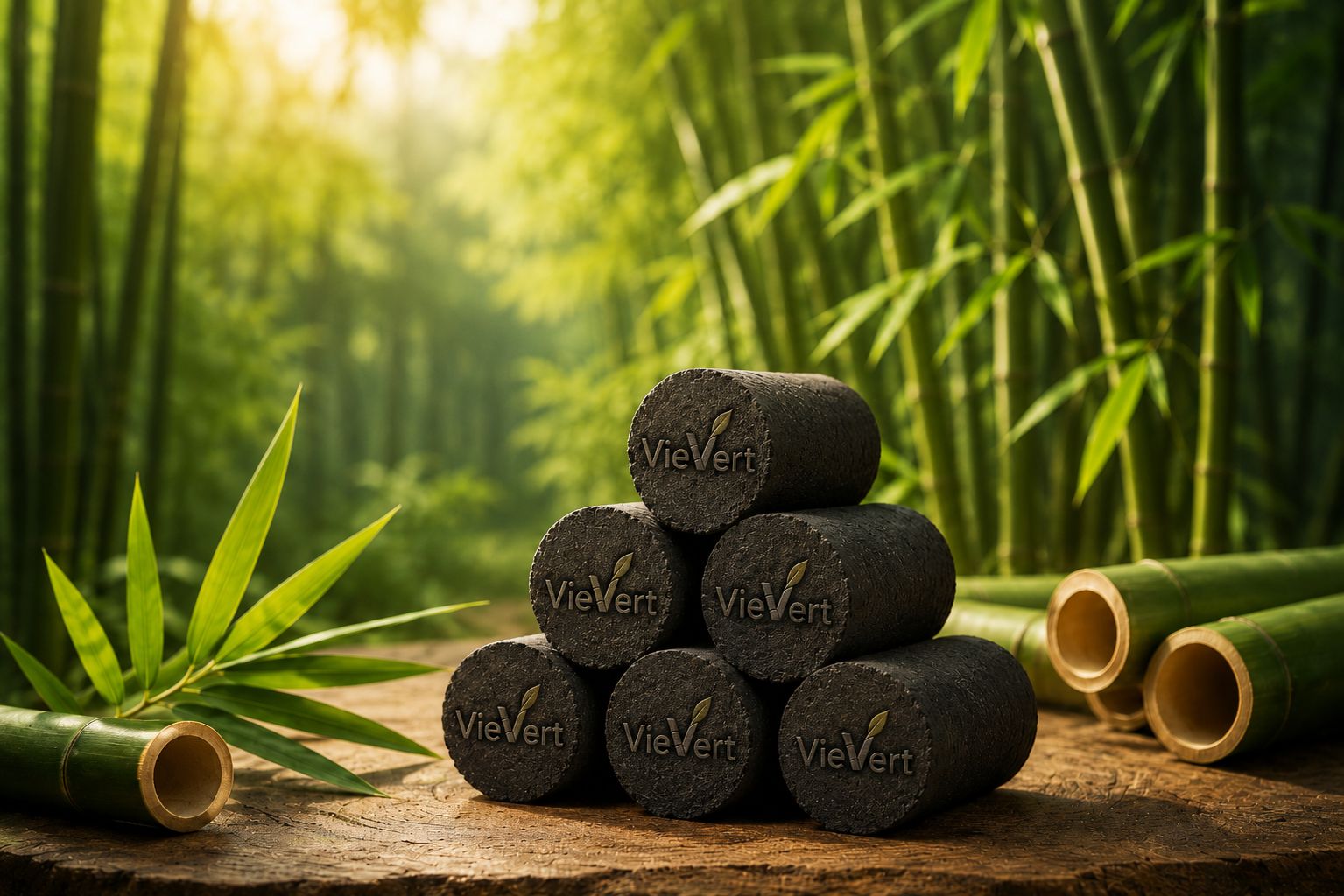 FeuVert bamboo biochar briquettes with the VieVert mark — clean cooking fuel