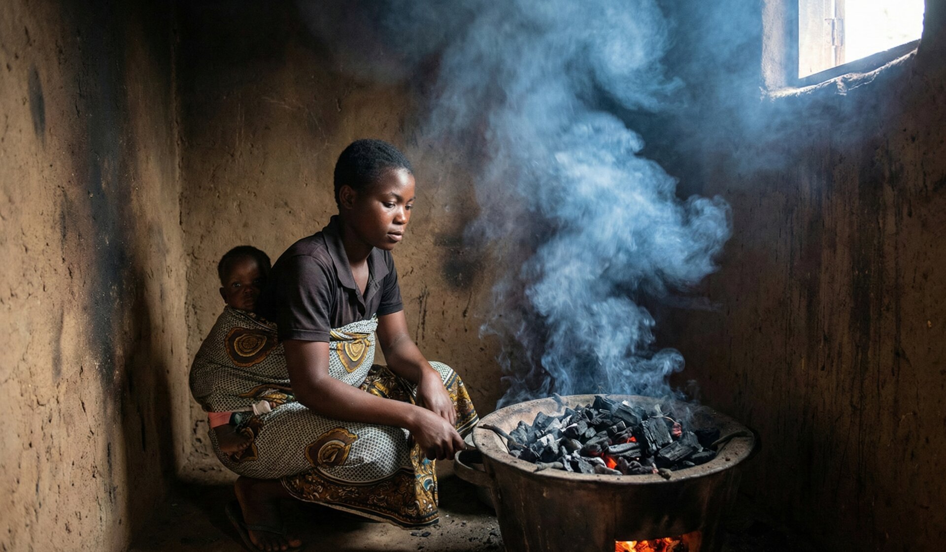 African woman cooking over traditional wood fire with smoke