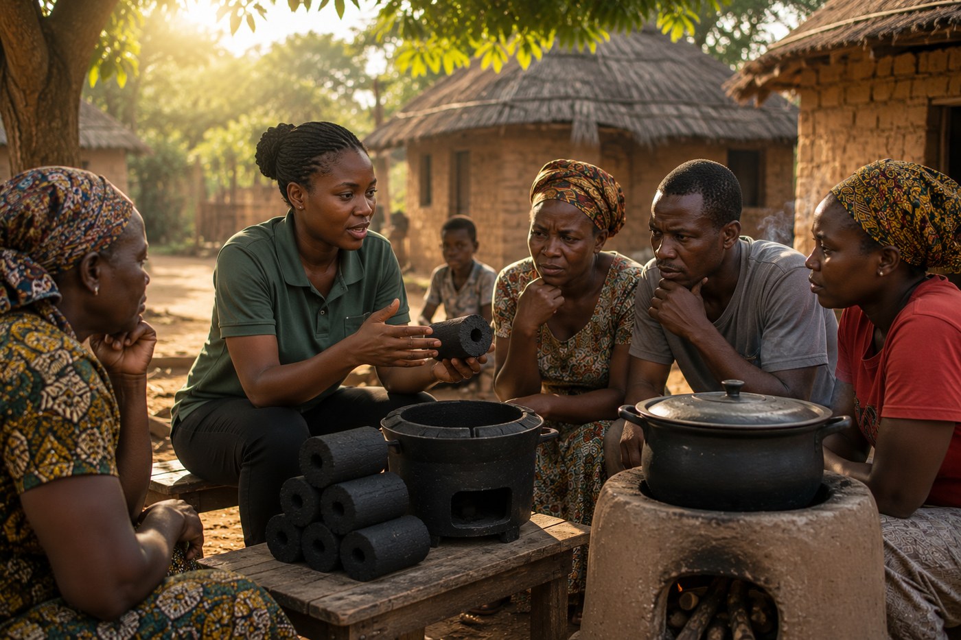 Community education session demonstrating clean-burning briquettes