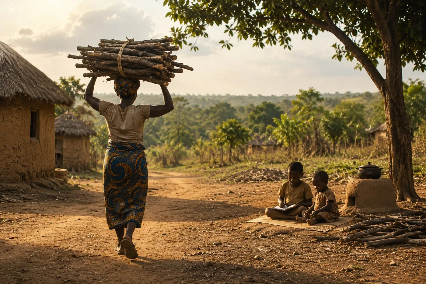 A woman carrying firewood while children study nearby — the unequal burden of energy poverty